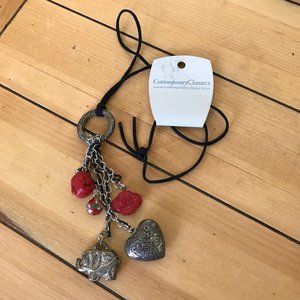 Cinnabar Cloisonne & Silver Tone Buddha Heart Elephant Charm Drop Necklace 35"
